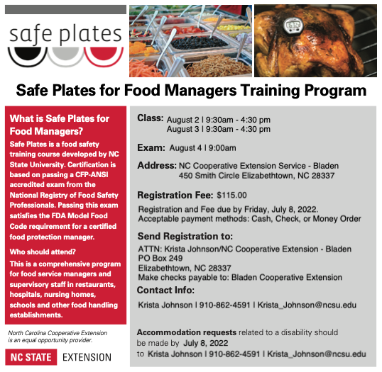 Bladen County Safe Plates Class Flyer August 2 through 4