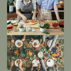 Two people cooking in a kitchen and a table with meal spread on it with people eating meal