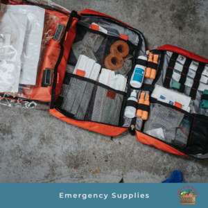An orange bag filled with emergency supplies.